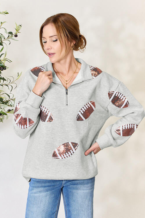 Double Take Full Size Sequin Football Half Zip Long Sleeve Sweatshirt