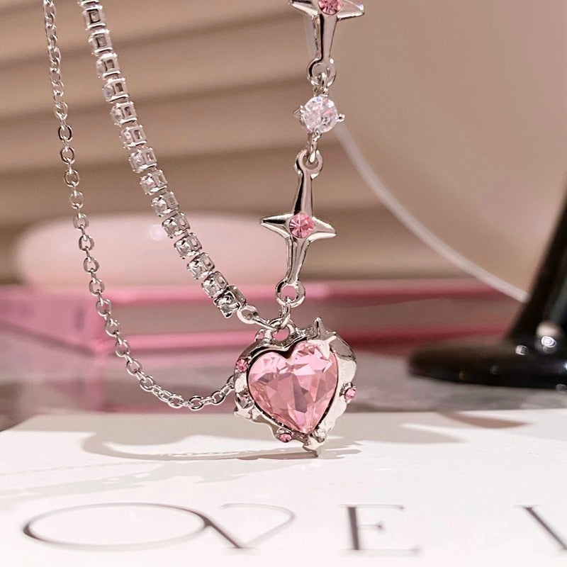 Sweet Pink Heart Crystal Necklace